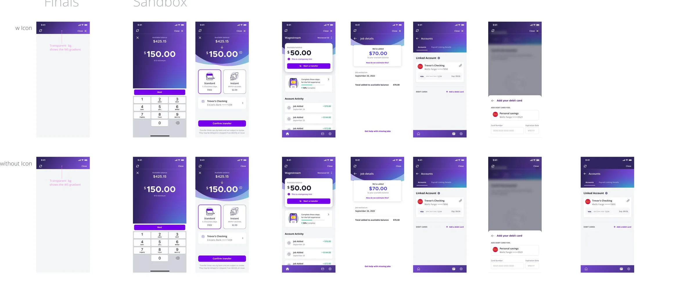 Board comparing the Frontline header frame with and without an icon over Wagestream screens