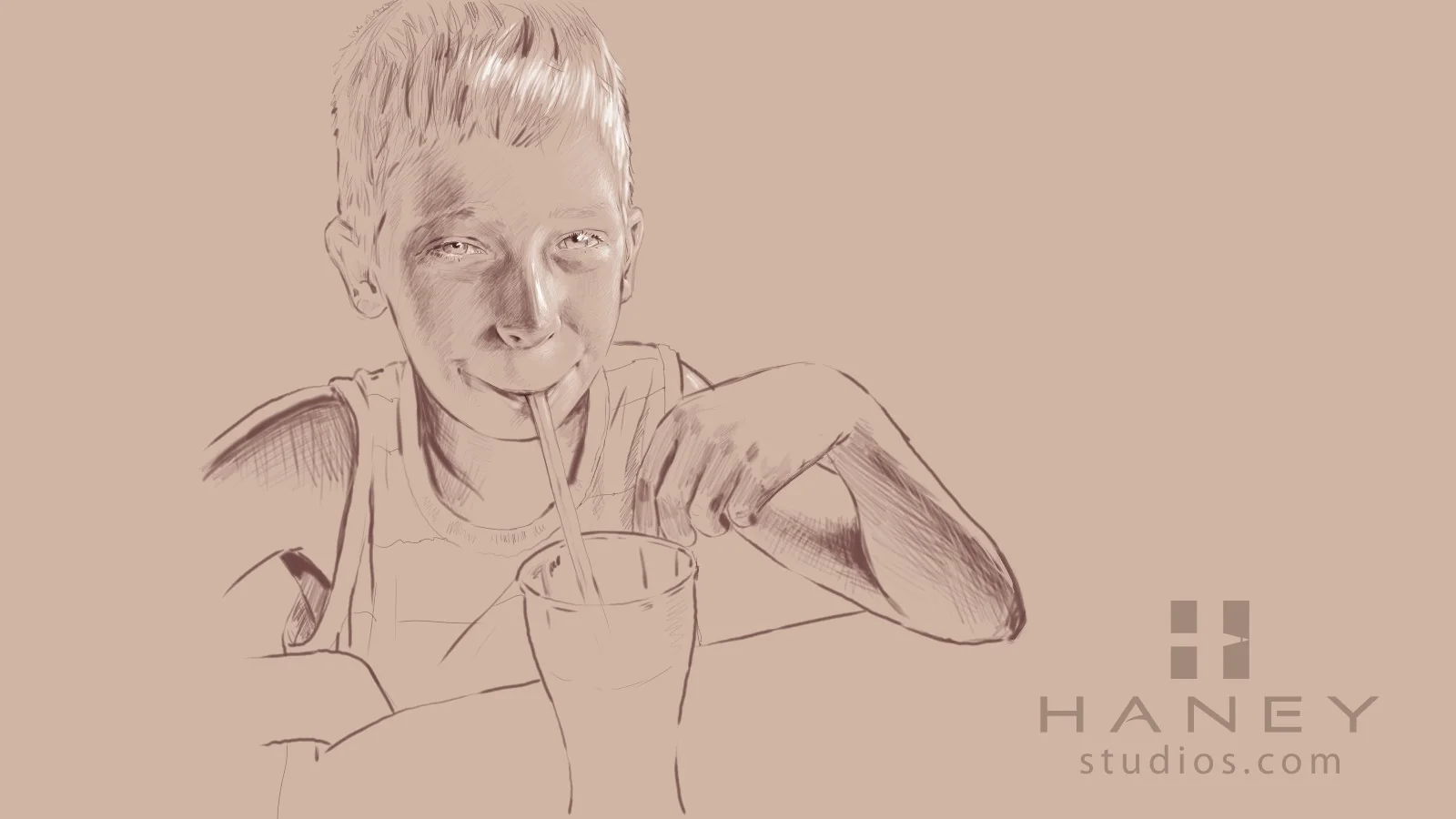 Pencil drawing of Luke, smiling and drinking a milkshake through a straw