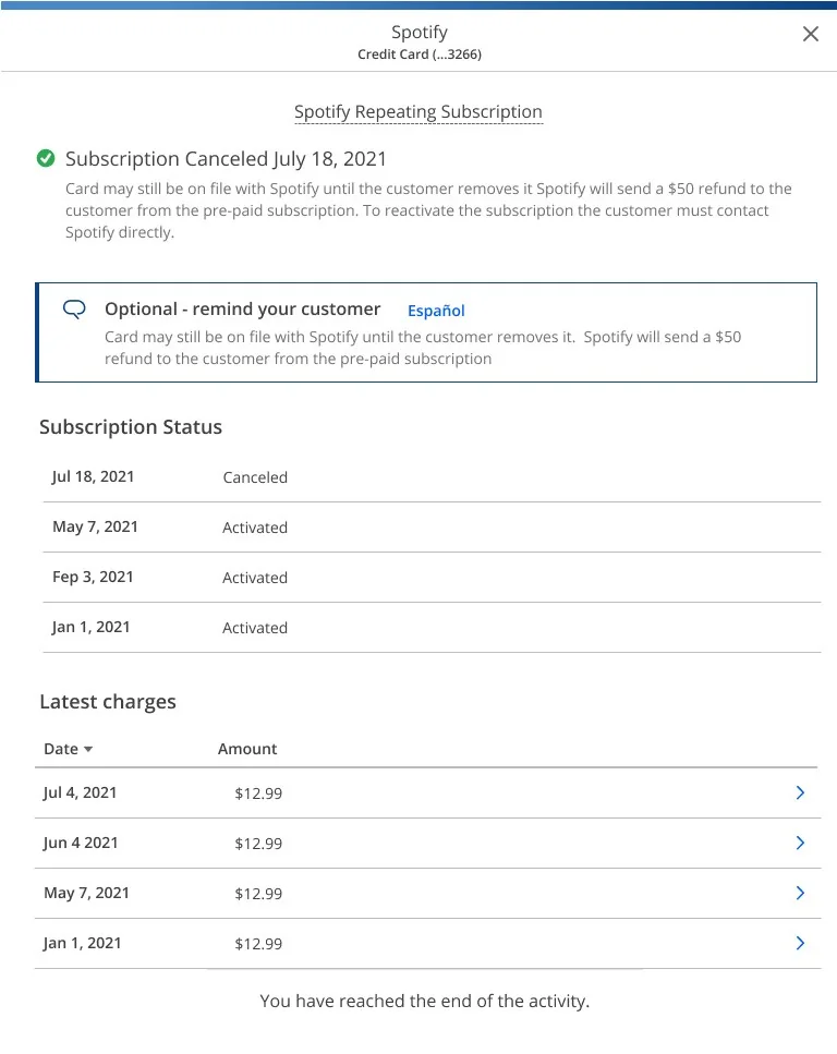 The subscription detail view, with a cancellation banner, an optional reminder for the customer and a status history