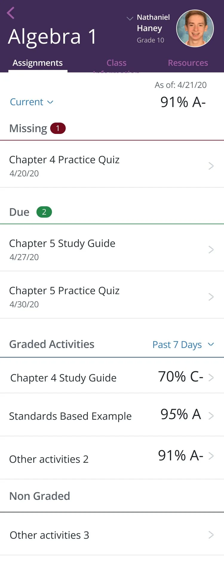 Class screen with assignments and the current grade
