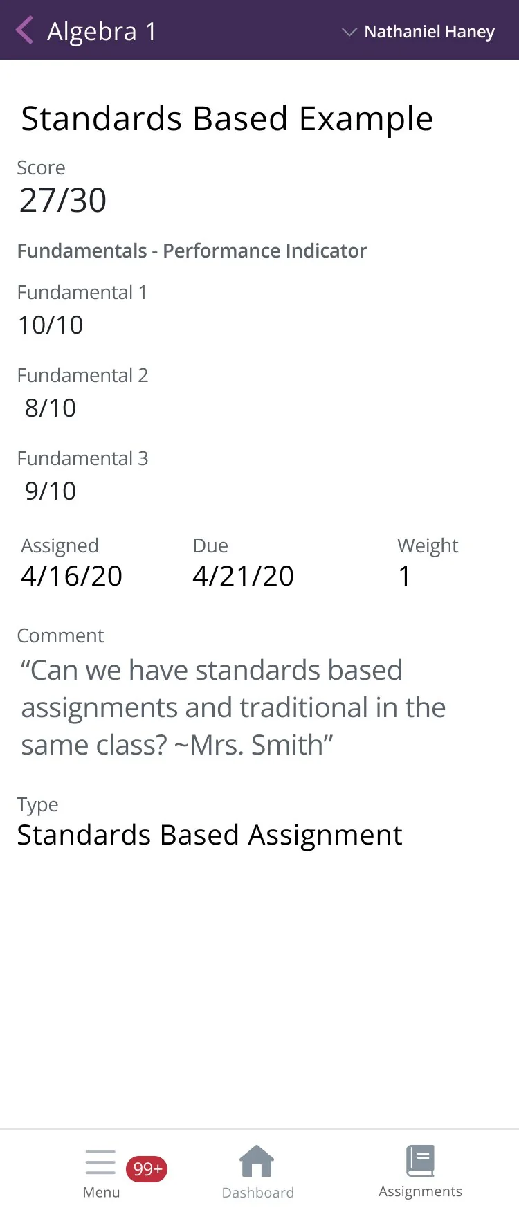 Standards-based assignment showing scores per standard