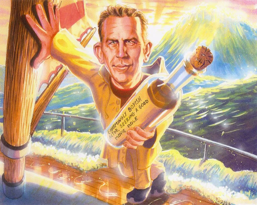 Caricature of a man in a yellow jacket holding a bottle with a message