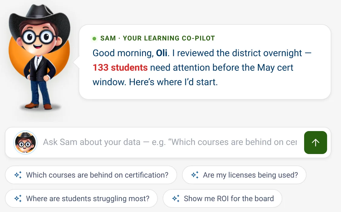 Sam's greeting: Good morning, Oli. I reviewed the district overnight, 133 students need attention before the May cert window.