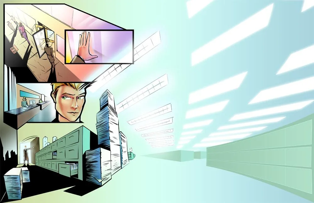 Comic-style storyboard panels of a futuristic office
