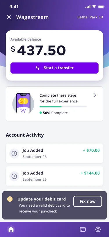Dashboard with a banner asking the user to update an invalid debit card