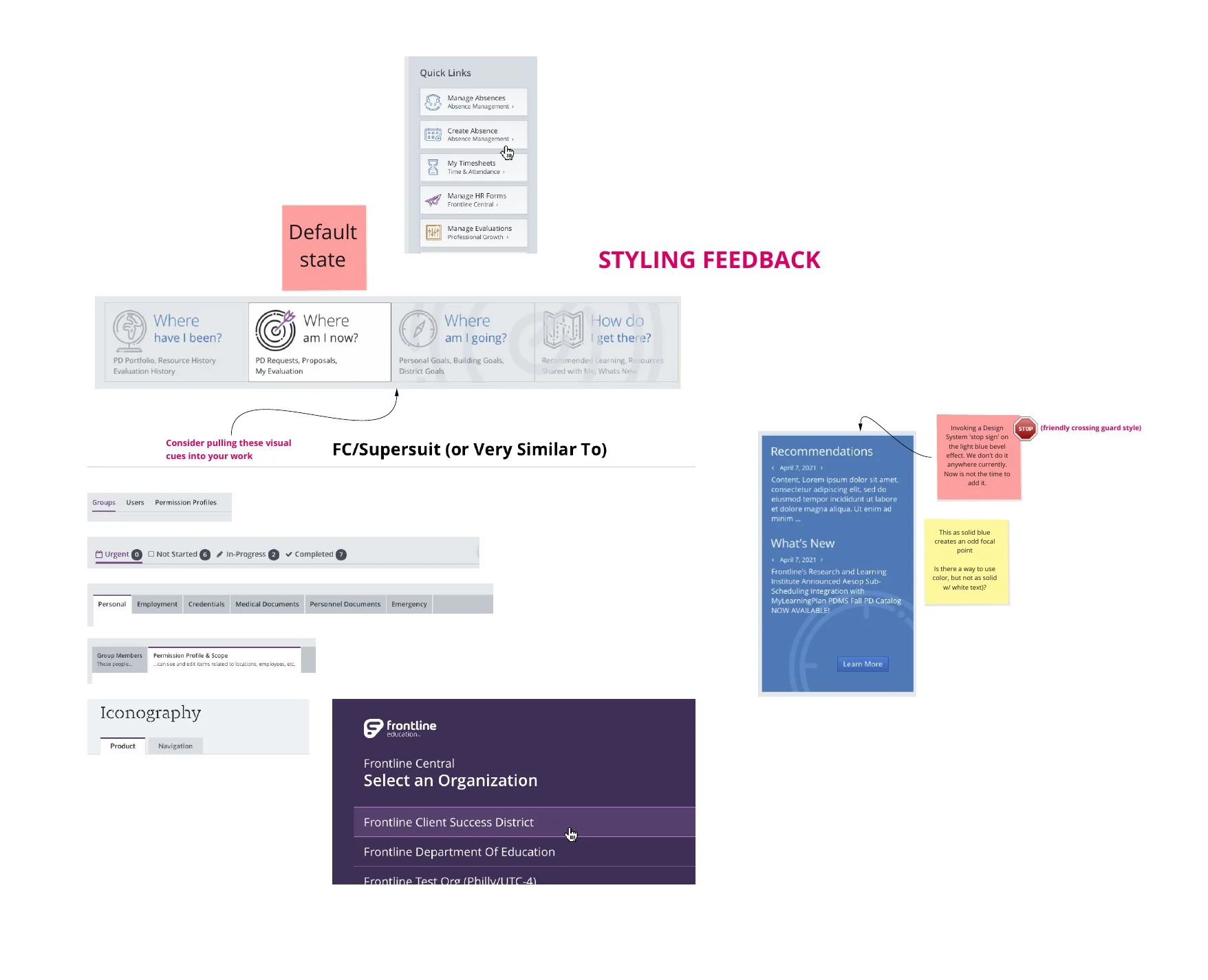 Styling feedback: a default state, an iconography study and notes about the bevel effect and the solid blue panel