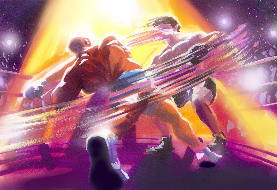 Two boxers in a brightly lit ring with streaks of motion