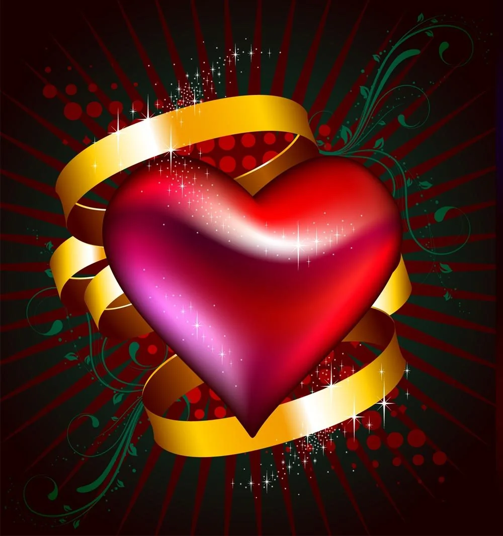 Glossy red heart wrapped in a gold ribbon