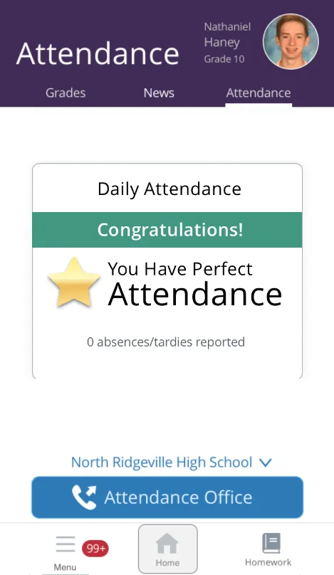 Attendance screen for a student with perfect attendance: a green Congratulations banner, a gold star, and 0 absences and tardies reported