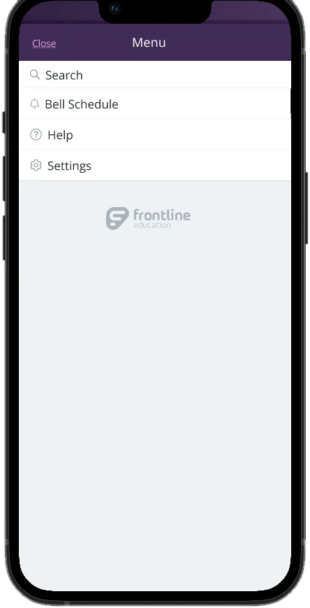 Menu with no student selected: Search, Bell Schedule, Help and Settings