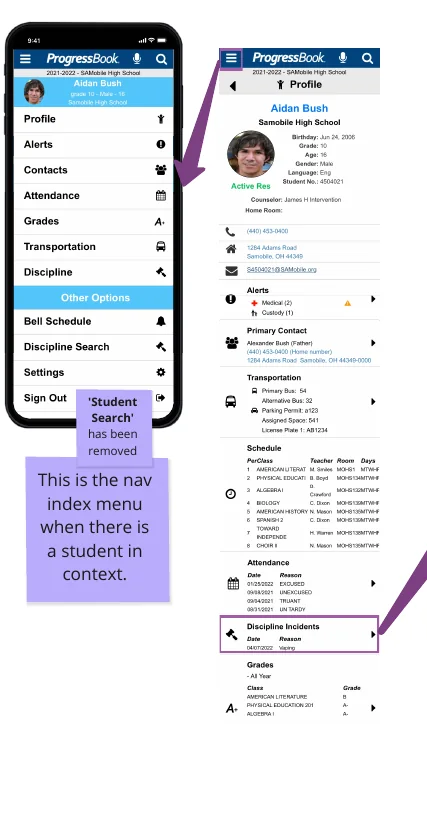 Legacy menu next to the legacy student profile, annotated: Student Search has been removed, and this is the nav index menu when there is a student in context