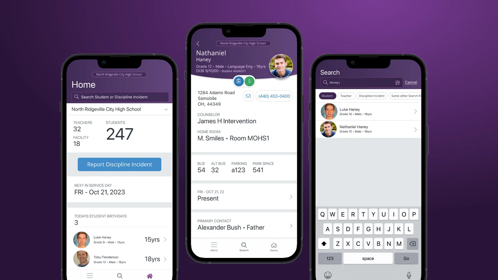 Three phones from the SIS Mobile redesign: home, a student profile and search with filter chips