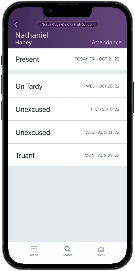 Attendance screen listing a tardy, two unexcused absences and a truancy with dates