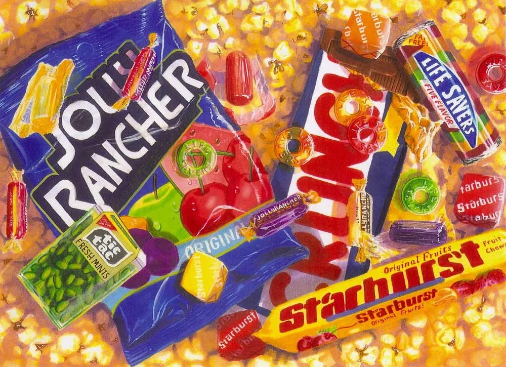 Painted illustration of candy and popcorn