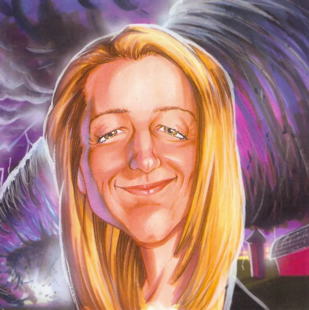 Caricature of a smiling woman with long blond hair