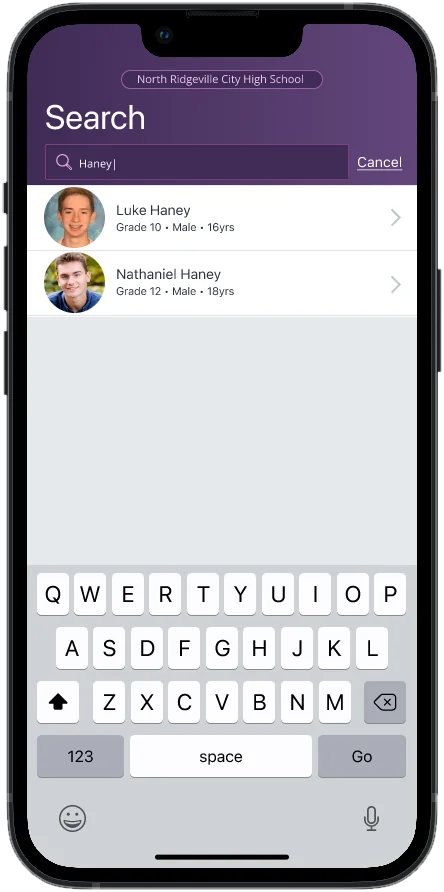 Typing Haney in search with two matching students and the keyboard open