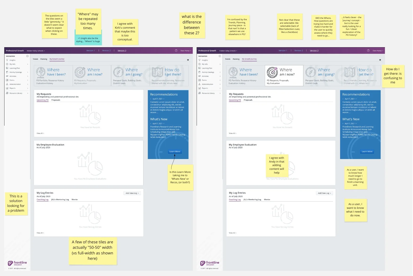 The rough drafts annotated with sticky notes of feedback and two user stories