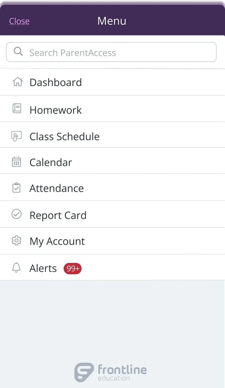 Menu listing dashboard, homework, class schedule, calendar, attendance, report card, account and alerts