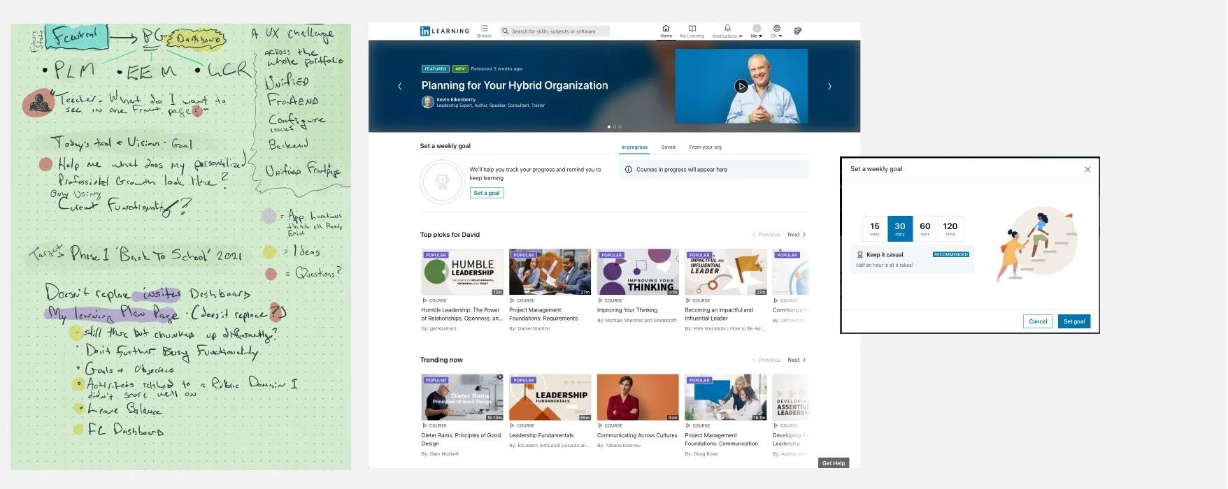 Handwritten notes about Professional Growth and its three products, next to the LinkedIn Learning home page with a weekly goal, top picks and trending courses