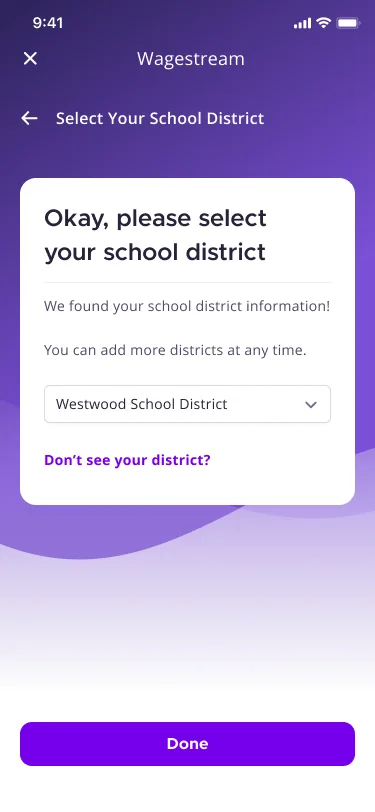 Select your school district screen