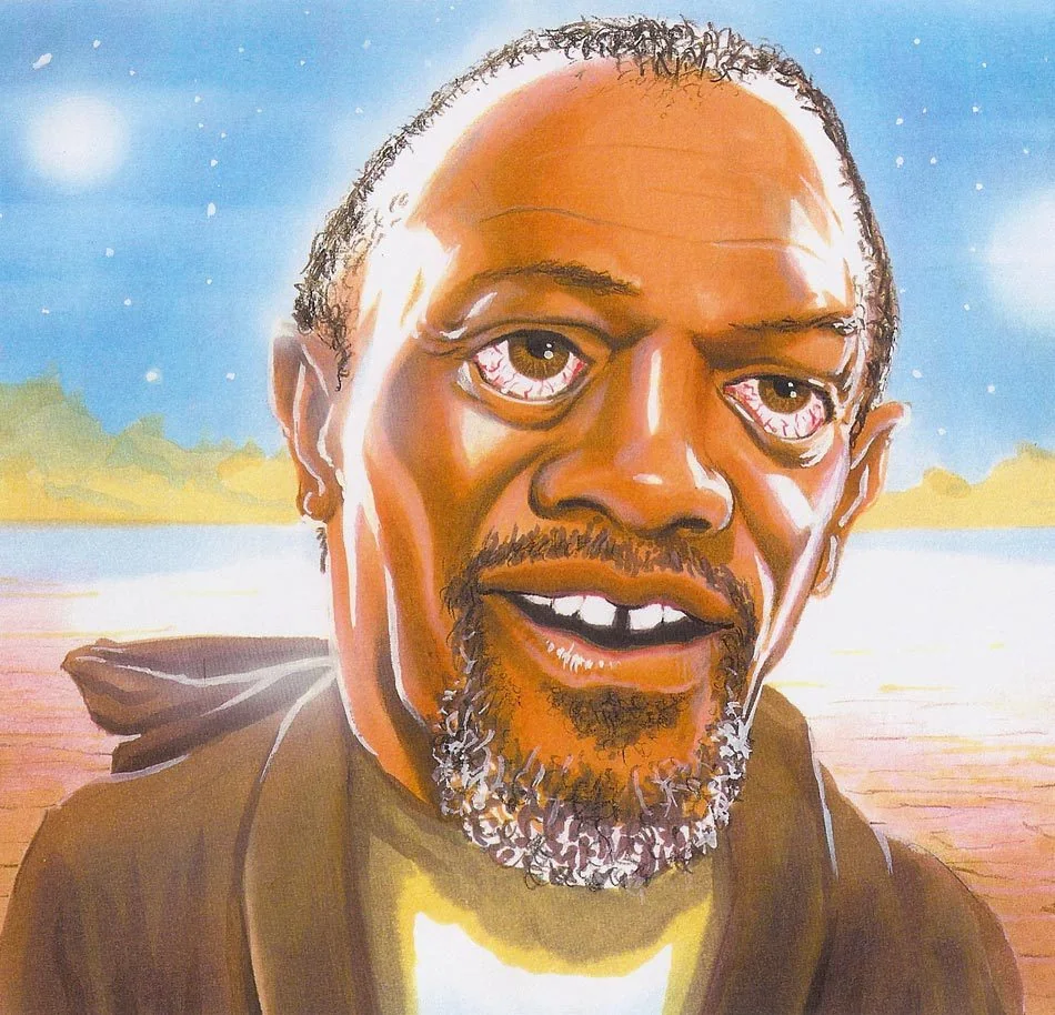 Painted portrait of a smiling man in front of a sunset