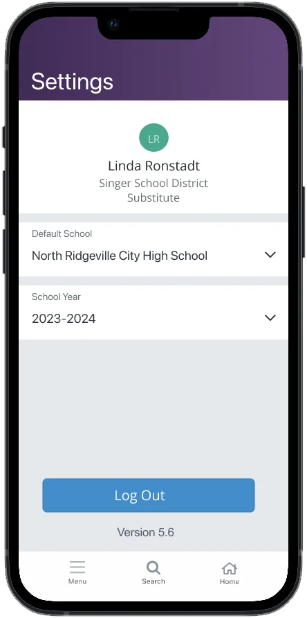 Settings screen with default school, school year and a Log Out button