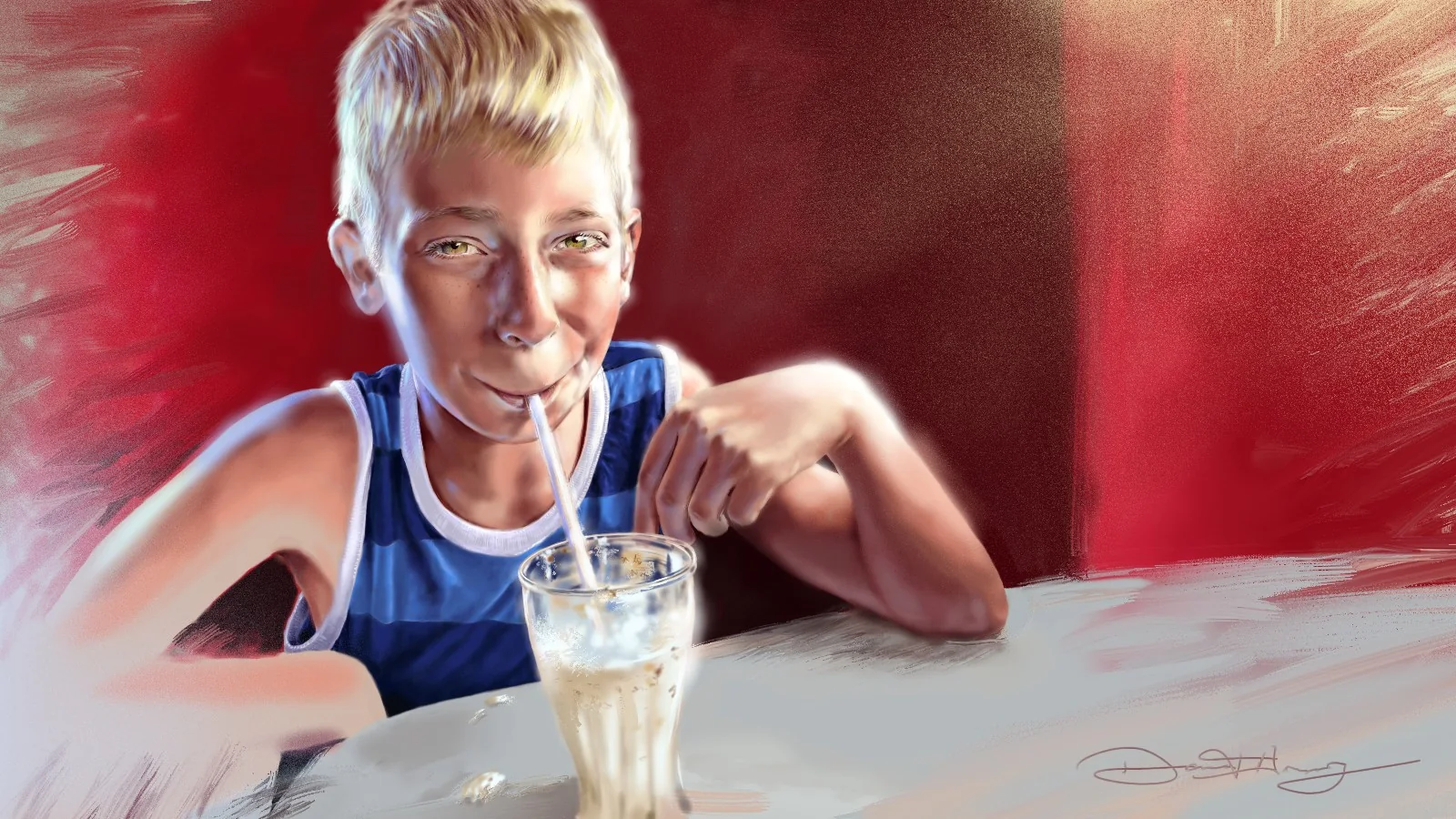Finished color painting of Luke in a blue tank top against a red wall