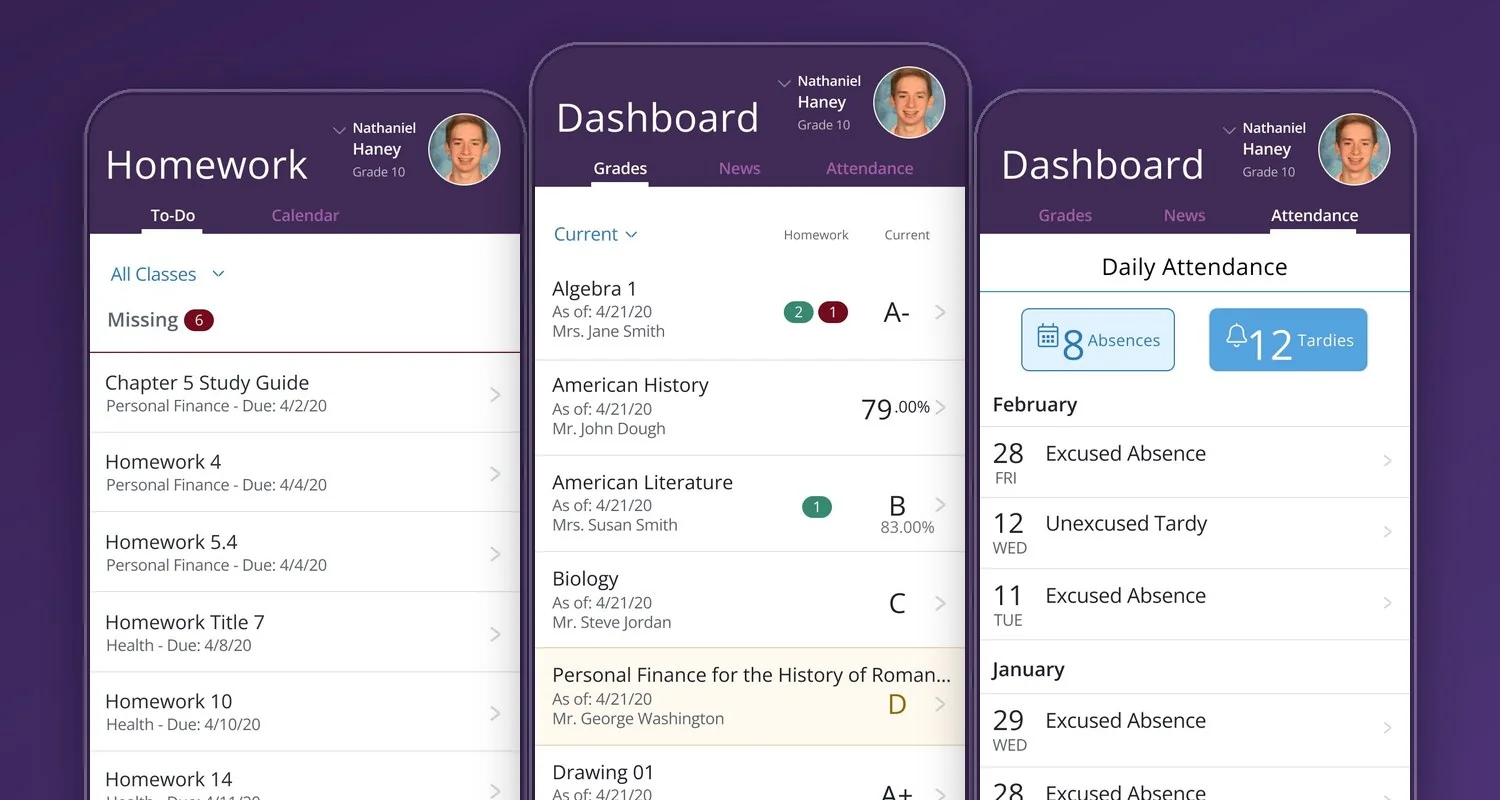 ParentAccess mobile app: homework, dashboard and attendance screens