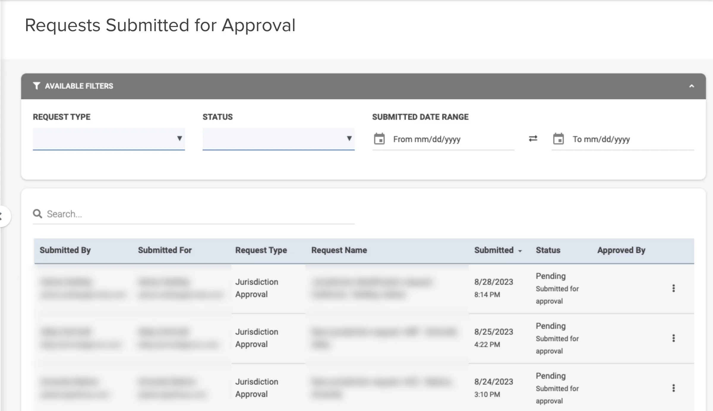 Requests submitted for approval with filters for request type, status and date range, and a table of pending jurisdiction requests. Names are blurred.