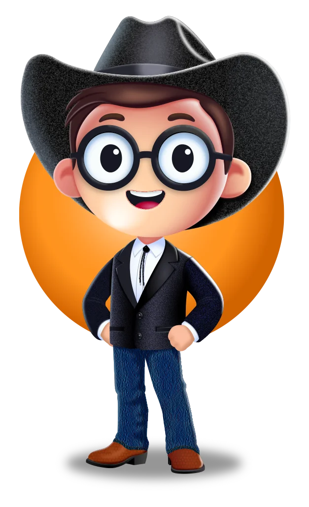 Sam, the learning co-pilot: a friendly cartoon character in a cowboy hat and glasses, hands on hips