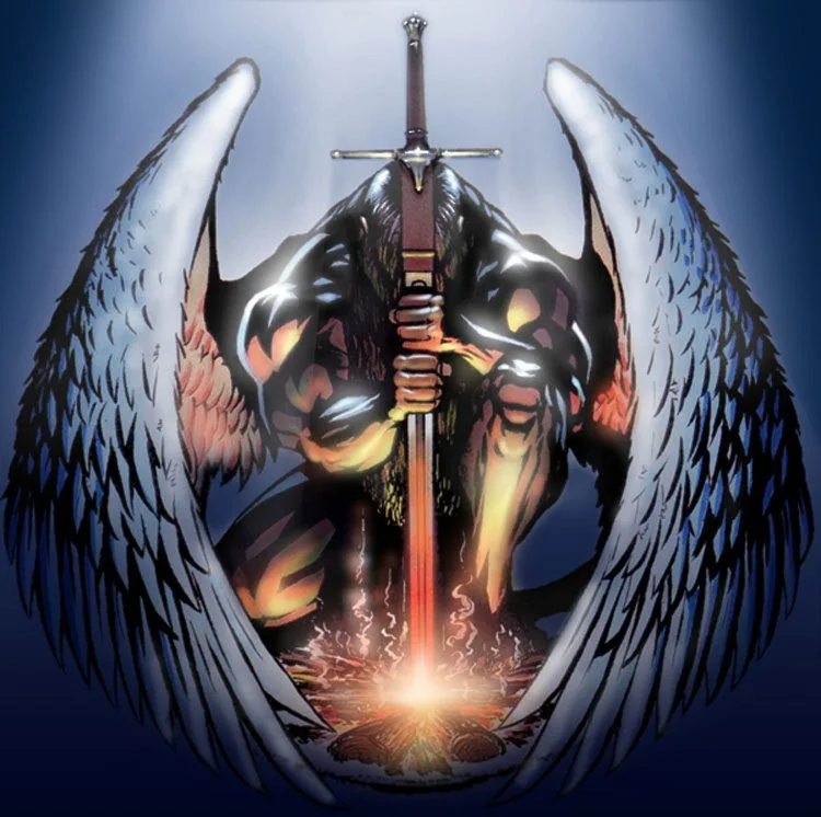 Winged armored figure gripping a sword