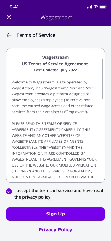 Terms of service screen with an accept checkbox