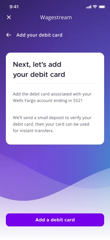 Add your debit card screen