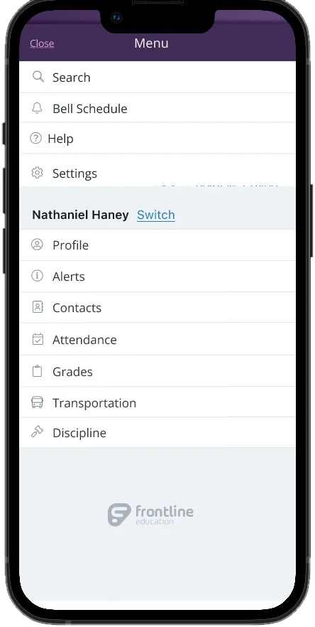 Menu with Nathaniel Haney in context: Switch, Profile, Alerts, Contacts, Attendance, Grades, Transportation and Discipline