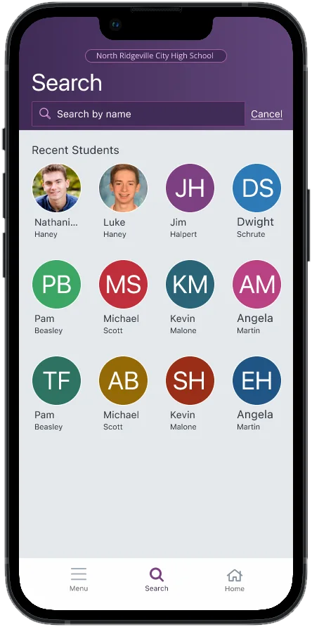 Search with recent students shown as photos or initials and a search by name field
