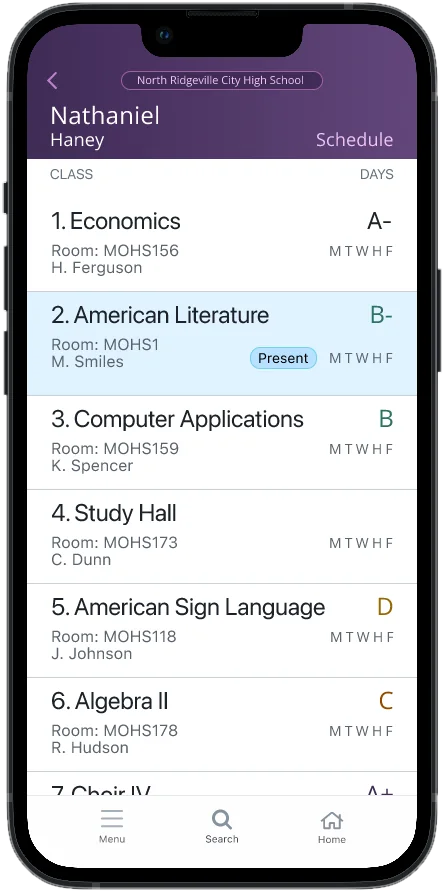 Schedule screen with six classes, their rooms, teachers, grades and days; the current class is highlighted and marked Present