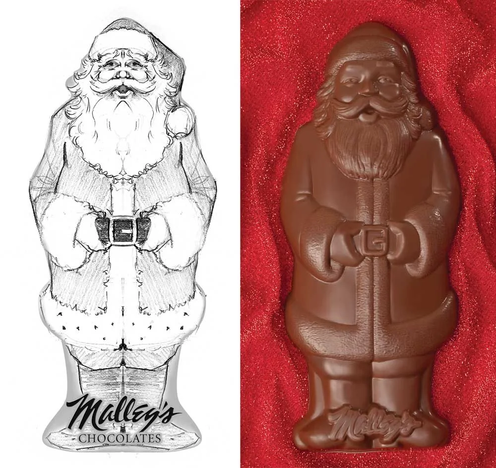 Pen drawing of Santa beside a chocolate Santa
