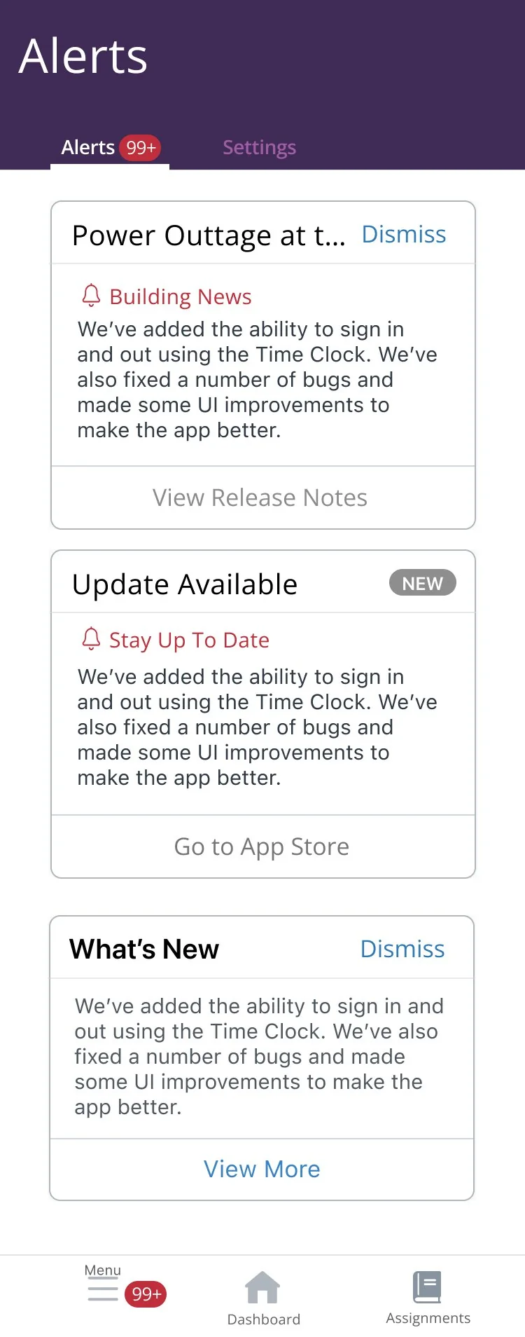 Alerts list with building news and app update notices