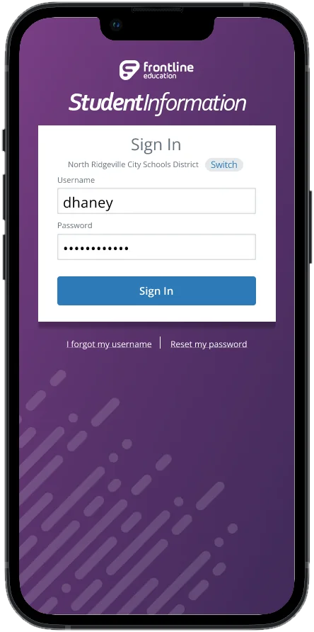 Sign in screen with the Frontline Education and StudentInformation branding