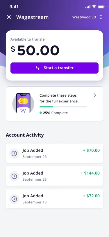 Wagestream dashboard showing an available balance and a Start a transfer button