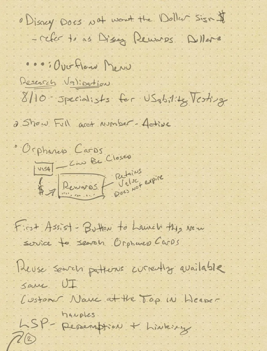Handwritten kickoff notes: Disney Rewards Dollars without a dollar sign, orphaned cards and First Assist