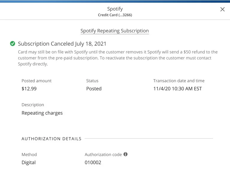 Version 1: a cancellation banner above the charge details
