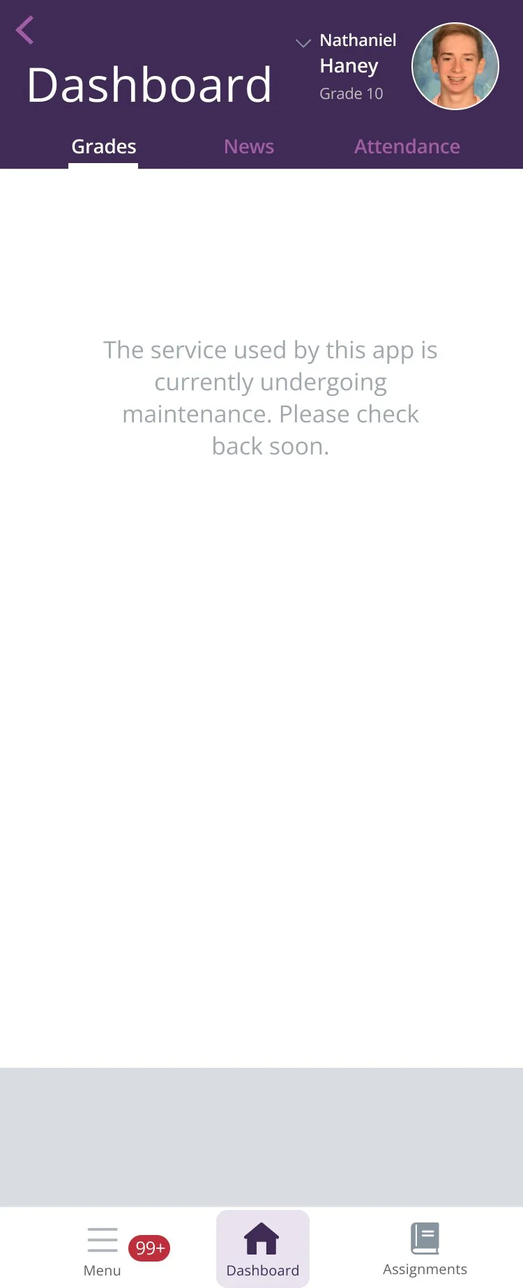 Error screen explaining the service is under maintenance