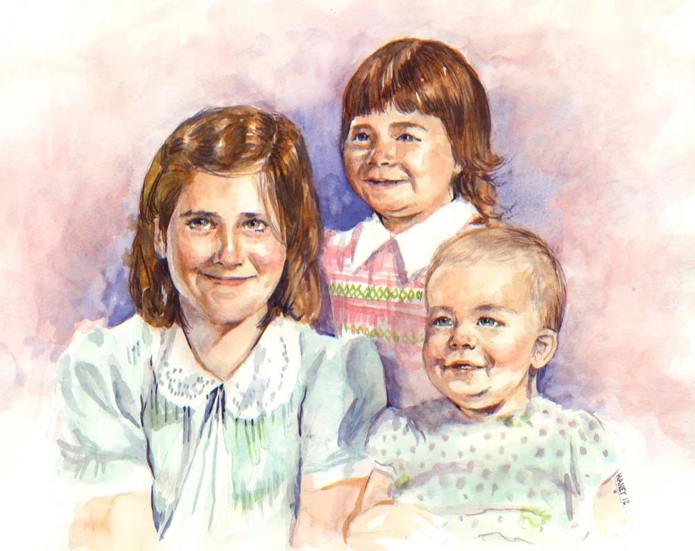 Watercolor portrait of three children