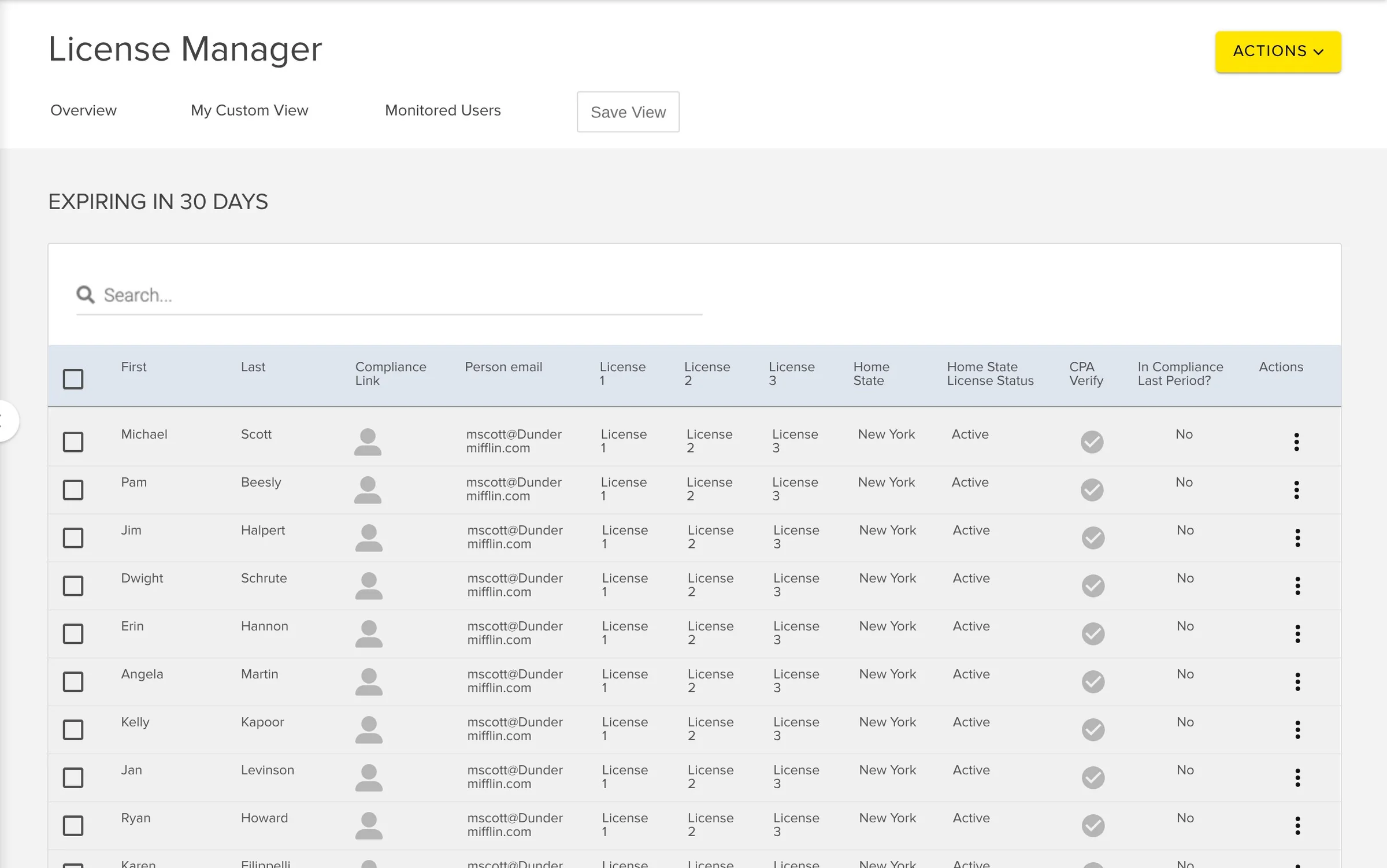 Expiring in 30 days table with person, license columns, home state, status, verification check, and a row actions menu.