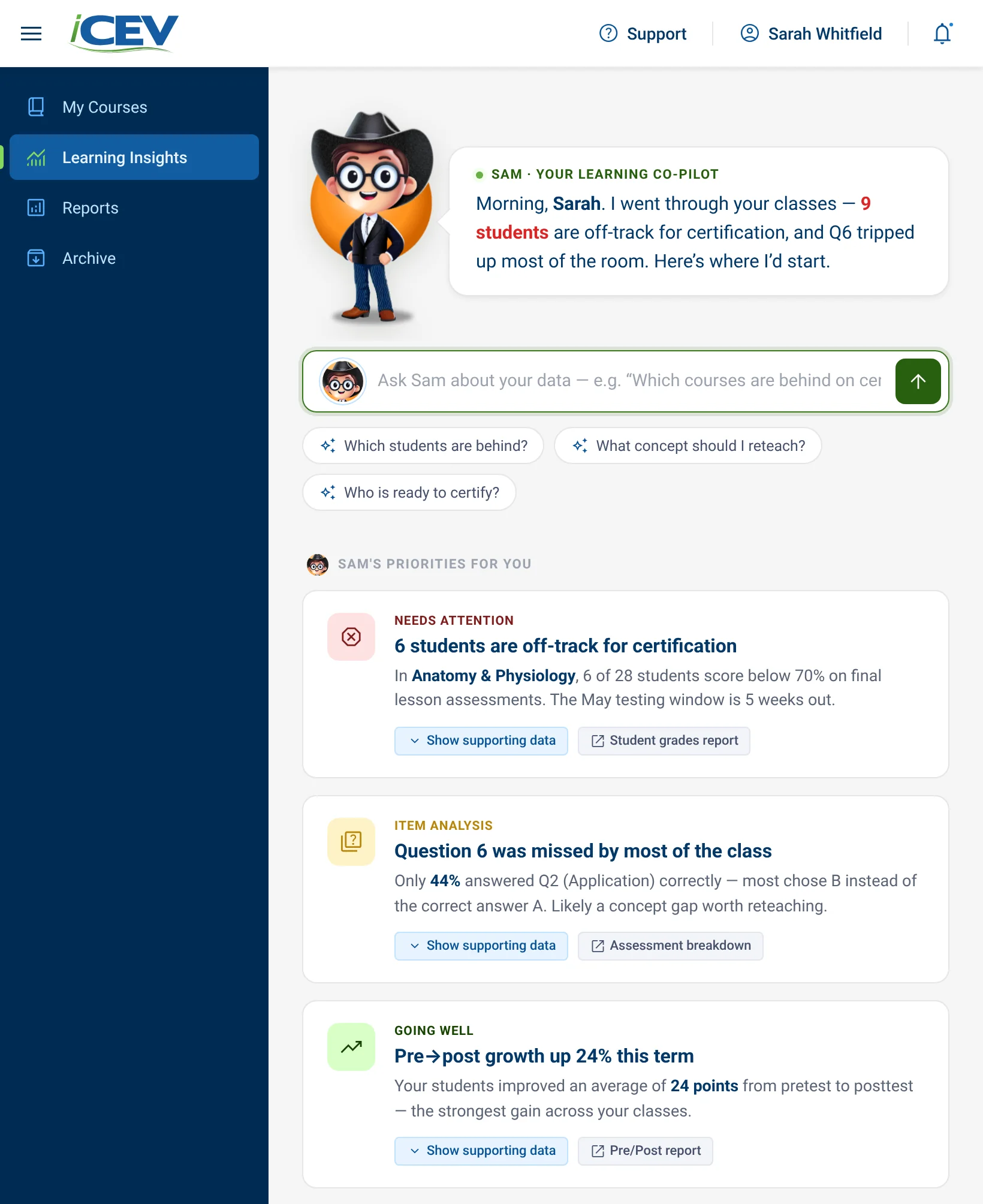 Teacher view: greeting for Sarah with insights about off-track students and a question most of the class missed, and a navigation of My Courses, Learning Insights, Reports and Archive.