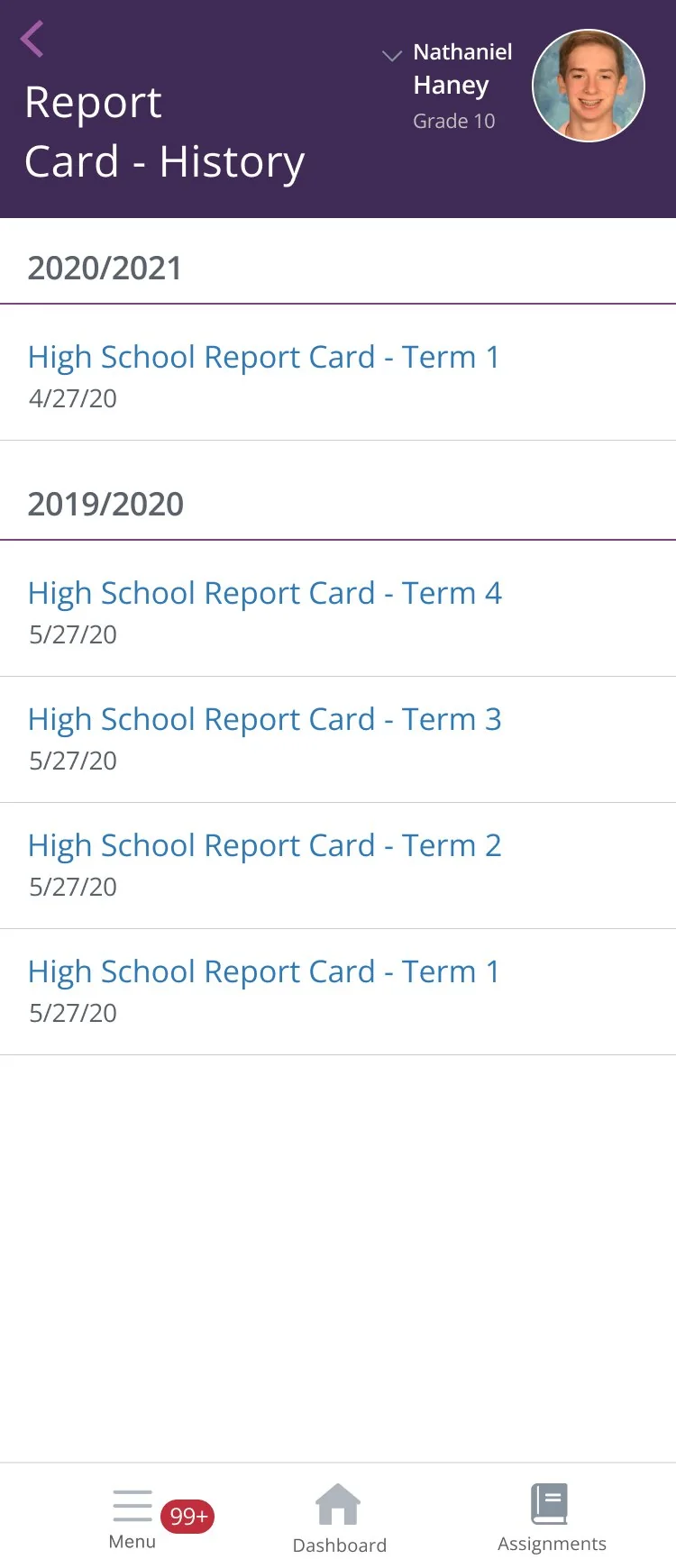 Report card history grouped by school year and term