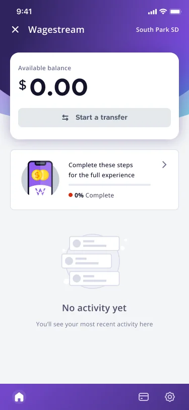 Dashboard with a zero balance and no activity yet