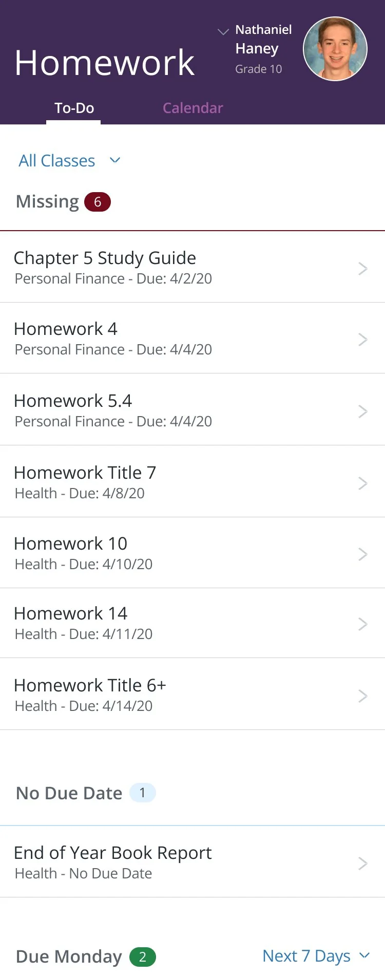 Homework screen listing missing, due today and upcoming assignments
