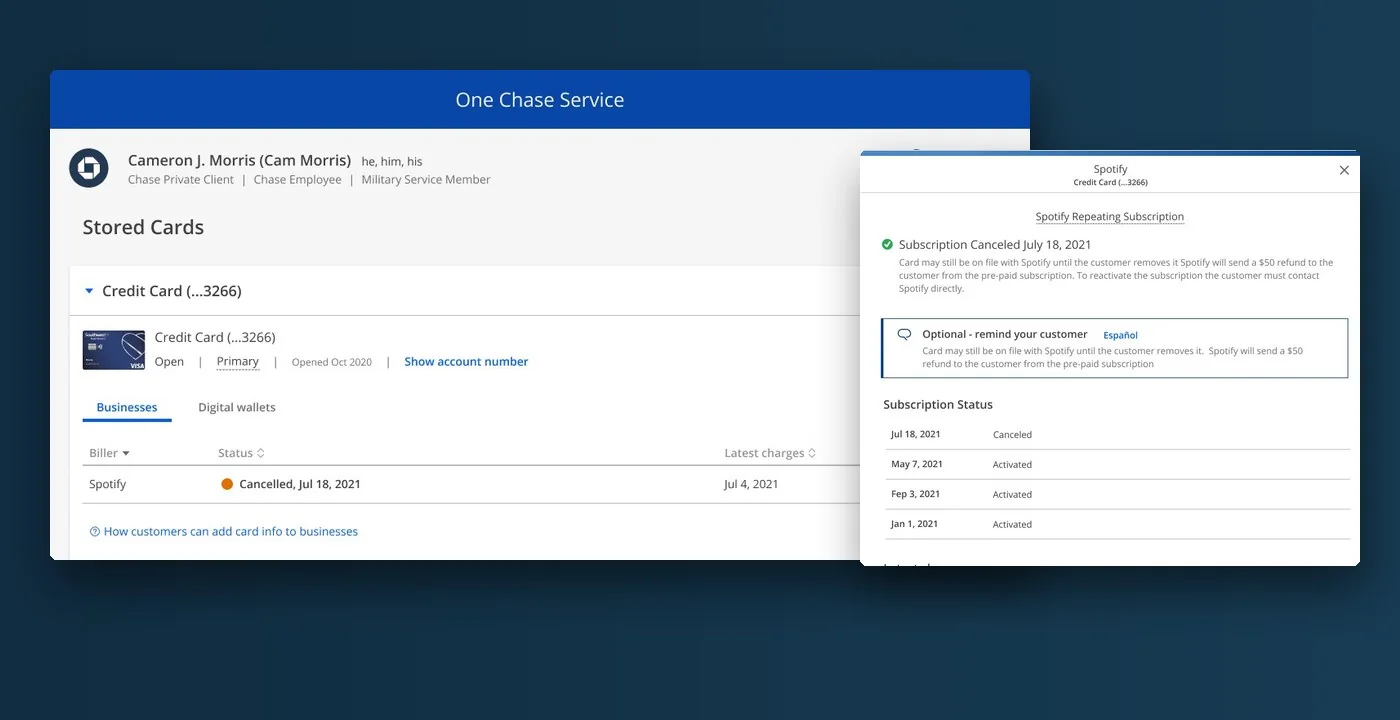 Bill Shark subscription views in One Chase Service: the Stored Cards page and a subscription detail view